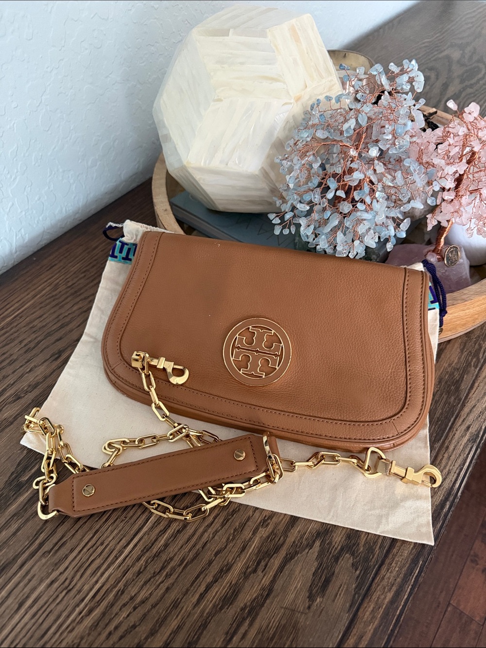 Tory Burch Tan Leather Crossbody with Gold Chain